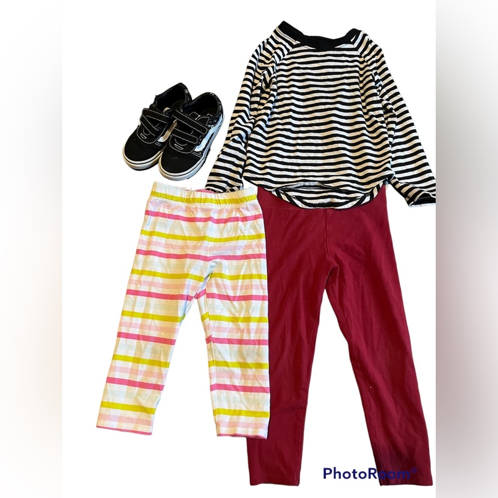 Toddler girl, bundle, size9, vans, red tights, and pink and yellow striped capri